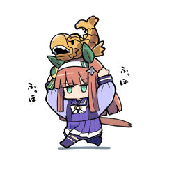  1girl animal_ears arms_up bow brown_hair full_body green_eyes hairband horse_ears horse_girl horse_tail kawamochi_(tddm3573) long_hair long_sleeves no_shoes pleated_skirt puffy_long_sleeves puffy_sleeves purple_shirt purple_skirt purple_thighhighs school_uniform shadow shirt silence_suzuka_(umamusume) simple_background skirt solo tail thigh-highs tracen_school_uniform translation_request umamusume v-shaped_eyebrows very_long_hair walking white_background white_bow white_hairband 