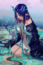  1girl arknights bead_bracelet beads bracelet closed_eyes closed_mouth colored_extremities commentary_request dress dusk_(arknights) earrings highres horns jewelry kneeling long_hair sitting solo tassel tassel_earrings towne white_dress 