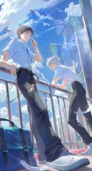  2boys absurdres against_railing aheuretokki bag belt belt_buckle bird black_pants blue_bag blue_eyes blue_shirt brown_belt brown_hair buckle cassette_player closed_eyes clouds cloudy_sky collared_shirt commentary earphones eva_01 falling_feathers feathers hashtag-only_commentary highres holding holding_earphones ikari_shinji leaning leaning_back leaning_forward looking_at_another male_focus multiple_boys nagisa_kaworu neon_genesis_evangelion open_collar pants parted_bangs railing school_bag seagull shirt shirt_tucked_in shoes short_sleeves sky smile sneakers sparkle white_hair white_shirt white_shoes wing_collar 