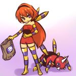  1girl ariados bag bare_shoulders elbow_gloves hitec long_hair moemon personification poison pokemon pokemon_(creature) pokemon_(game) pokemon_gsc purple_legwear red_hair redhead striped striped_legwear thighhighs violet_eyes yellow_legwear 