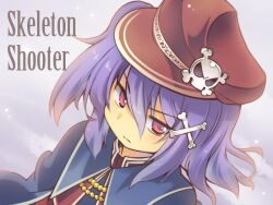  1girl blue_jacket brown_hat character_name emil_chronicle_online from_above grey_background hair_ornament hairclip hat jacket purple_hair rakisuke red_eyes side_ponytail skeleton_shooter_alma skull_and_crossbones solo upper_body 