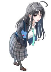  1girl ahoge awa_subaru bag barbell_piercing black_hair black_jacket black_socks blue_bag blue_necktie breasts brown_shoes collared_shirt commentary_request diagonal-striped_clothes diagonal-striped_necktie dress_shirt ear_piercing girls_band_cry grey_skirt hair_ribbon hand_in_pocket highres industrial_piercing jacket loafers long_hair looking_at_viewer medium_breasts necktie noir_(nowaru) open_clothes open_jacket piercing plaid_clothes plaid_skirt pleated_skirt ribbon school_uniform shirt shoes shoulder_bag sidelocks simple_background skirt socks solo striped_clothes tongue tongue_out violet_eyes white_background white_ribbon white_shirt 