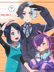  1boy 1girl 2girls ? amedamaneko amethio_(pokemon) black_hair blue_eyes blue_hair blush bottle breasts closed_mouth collared_shirt cowlick dot_(pokemon) drink drinking drinking_straw drinking_straw_in_mouth eyelashes gloves hair_ornament hair_over_one_eye hairclip headphones headphones_around_neck highres holding holding_drink hood hooded_vest hoodie jacket liko_(pokemon) long_hair long_sleeves milk milk_bottle multicolored_hair multiple_girls open_mouth pink_hair pokemon pokemon_(anime) pokemon_horizons purple_hair shirt short_hair sleeves_past_fingers sleeves_past_wrists smile two-tone_hair vest violet_eyes 