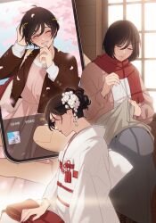  1girl bag black_hair black_jacket blush boots breasts brown_boots cardigan cherry_blossoms closed_mouth dress falling_petals flower grey_skirt hair_between_eyes hair_flower hair_ornament half-closed_eyes hand_in_own_hair hand_on_lap hand_to_own_mouth hanpetos holding holding_phone indoors jacket japanese_clothes kimono laughing long_skirt medium_breasts mikasa_ackerman multiple_views parted_lips petals phone pink_cardigan pink_dress pink_petals scar scar_on_cheek scar_on_face sewing shingeki_no_kyojin shirt short_hair shoulder_bag sitting skirt smile suit_jacket taking_picture uchikake updo white_flower white_kimono white_shirt window 