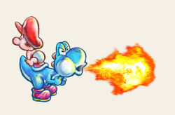  2boys absurdres baby baby_mario boots breath_weapon breathing_fire brown_hair clenched_hands closed_eyes diaper fire grey_background harada_masamichi hat highres light_blue_yoshi mario multiple_boys official_art open_mouth pink_boots red_hat short_hair simple_background super_mario_bros. third-party_source yoshi yoshi's_new_island 