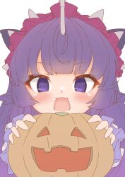  absurdres animal_ears beyaert_alma emil_chronicle_online empty_eyes frilled_hair frilled_sleeves frills hairband highres holding holding_pumpkin horns horse_ears horse_girl long_hair looking_at_viewer open_mouth pink_hairband pumpkin purple_hair silver-index upper_body white_background 