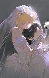  1boy 1girl absurdres black_hair blonde_hair bridal_veil chain chrollo_lucilfer closed_mouth detached_sleeves dress earrings expressionless genderswap genderswap_(mtf) hetero highres holding holding_knife hug hug_from_behind hunter_x_hunter jewelry knife kurapika looking_at_another red_eyes short_hair shouka_(ly880217) veil wedding_dress white_dress white_veil 