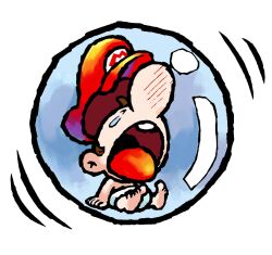  1boy baby baby_mario blush brown_hair bubble crying diaper hat highres mario motion_lines nakagawa_yasuhisa nose_blush official_art open_mouth red_hat short_hair simple_background sitting solo super_mario_bros. teeth upper_teeth_only white_background yoshi's_island_ds 
