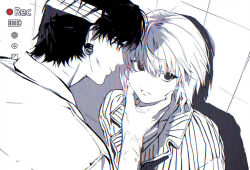  2boys bandaged_head bandages bite_mark bite_mark_on_hand chrollo_lucilfer earrings fingers_on_another's_face greyscale highres hunter_x_hunter jewelry kurapika lapels looking_at_another looking_to_the_side monochrome multiple_boys shirt short_hair shouka_(ly880217) striped_clothes striped_shirt upper_body 