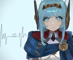  1girl android aqua_eyes aqua_hair blue_background cardiogram commentary english_commentary frown genshin_impact hashtag-only_commentary highres ineffa_(genshin_impact) looking_ahead lurker_mlt medium_hair portrait sidelocks simple_background solo 