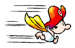  1boy baby baby_mario brown_hair cape diaper from_side hat highres mario motion_lines nakagawa_yasuhisa official_art red_hat short_hair simple_background solo super_mario_bros. third-party_source white_background yellow_cape yoshi's_island_ds 