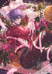  1boy absurdres bdsm black_choker black_pants bondage bound bound_wrists bow chinese_commentary choker closed_mouth curtained_hair english_text flower food from_side fruit hands_up high-waist_pants highres knee_up leaf light_particles looking_at_viewer love_and_deepspace lying male_focus on_side open_clothes open_shirt orange_(fruit) orange_slice pants parted_bangs pink_bow pink_flower pink_ribbon pink_rose purple_hair rafayel_(love_and_deepspace) red_shirt ribbon ribbon_bondage rose shirt shirt_tucked_in short_hair sideways_glance smile snow234 solo three-quarter_sleeves violet_eyes white_flower 