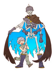  1boy 1other aged_down armor blue_cape boots breastplate brown_cape cape child clenched_hands crossed_arms dragon_quest dragon_quest_dai_no_daibouken extra_arms gloves green_pants green_shirt grey_armor grey_boots grey_gloves grey_hair grey_helmet hand_on_another's_knee hand_on_another's_leg hands_on_own_hips happy helmet highres hyunkel looking_at_another open_mouth outstretched_arms pants shirt skeleton_(dragon_quest) spiked_helmet torn_cape torn_clothes umi-be-to white_background 