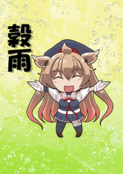  1girl asymmetrical_clothes black_serafuku black_shirt black_skirt brown_hair chibi closed_eyes commentary_request faceless faceless_male frilled_skirt frills gradient_background gradient_hair green_background hair_flaps hair_ornament hairclip highres kantai_collection long_hair looking_at_viewer multicolored_hair murasame_(kancolle) murasame_kai_ni_(kancolle) neckerchief open_mouth pleated_skirt red_neckerchief sailor_collar school_uniform serafuku shirt skirt smile solo translation_request tsun&#039;ichi_(tsun1) two_side_up white_sailor_collar 