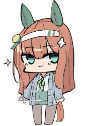  1girl :> animal_ears blue_eyes brown_hair brown_pantyhose closed_mouth collared_shirt green_ribbon green_skirt grey_jacket hair_between_eyes hairband highres horse_ears horse_girl horse_tail jacket kawamochi_(tddm3573) long_hair neck_ribbon no_shoes open_clothes open_jacket pantyhose pleated_skirt ribbon shirt silence_suzuka_(umamusume) simple_background skirt solo sparkle standing tail umamusume very_long_hair white_background white_hairband white_shirt 