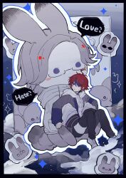  1boy ^_^ absurdres ahoge animalization aotsuki_eito black_pants black_streaks blue_collar blue_eyes blue_jacket blush_stickers closed_eyes collar english_text glasses grey_hair grey_jacket heart heart-shaped_eyes highres hood hoodie jacket jacket_over_hoodie leash looking_at_another male_focus multicolored_hair multicolored_jacket no_pupils octopus outline pants rabbit red_hair shioooo00 shoes short_hair sitting size_difference streaked_hair sumino_takumi sunglasses sweatdrop the_hundred_line_-last_defense_academy- two-tone_jacket violet_eyes white_hoodie white_jacket white_shoes 