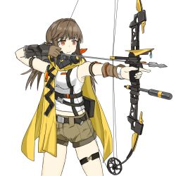  1girl bare_shoulders belt black_belt bow_(weapon) breasts brown_gloves brown_hair brown_shorts closed_mouth commentary_request compound_bow cowboy_shot falcon_(girls&#039;_frontline) girls&#039;_frontline_neural_cloud girls_frontline gloves highres holding holding_bow_(weapon) holding_weapon long_hair midriff radar65108267 red_eyes shirt short_shorts shorts simple_background single_glove sockdolager_(neural_cloud) solo standing weapon white_background white_shirt yellow_cloak 