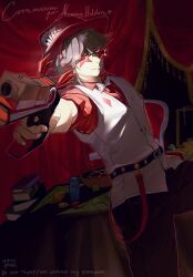  1boy aiming aiming_at_viewer aslniko belt book book_stack bow bowtie brown_hair card chance_(forsaken) curtains fedora forsaken_(roblox) gun handgun hat highres holding holding_gun holding_weapon leg_up looking_at_viewer male_focus official_alternate_costume pink-tinted_eyewear playing_card poker_chip red_shirt shirt short_hair sleeves_rolled_up smile solo star-shaped_eyewear star_(symbol) table tent tinted_eyewear vest weapon white_vest 