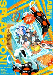  2girls black_jacket blonde_hair blue_eyes blue_hair commentary commission english_text frye_(splatoon) highres inkling jacket leg_warmers mini_person minigirl multiple_girls necktie octoling plastic_wrap shiver_(splatoon) splatoon_(series) splatoon_3 striped_necktie tentacle_hair timmy_(timmikimy) weapon white_leg_warmers wrapped_up 