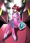  budspedy freckles geitassha gundam gundam_00 gundam_throne_drei helmet legs_crossed mecha nena_trinity pilot_suit red_hair redhead sitting throne_drei wink yellow_eyes 