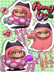  1girl :d among_us blush checkered_background chibi chibi_only commentary_request copyright_name cosplay crewmate_(among_us) crewmate_(among_us)_(cosplay) flying_sweatdrops green_background green_eyes harumina_mau highres hololive index_finger_raised open_mouth outline pink_hair sakura_miko short_hair smile translation_request virtual_youtuber white_outline 