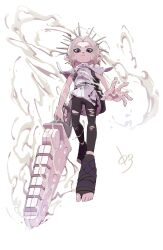  1boy absurdres black_pants commentary grey_eyes grey_hair highres holding holding_sword holding_weapon ink male_focus medium_hair octoling octoling_boy octoling_player_character open-toe_shoes order_splatana_(splatoon) pants shirt simple_background solo splatoon_(series) splatoon_3 sword symbol-only_commentary tartarte_tatin tentacle_hair torn_clothes torn_pants weapon white_background white_shirt 