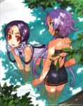  bare_shoulders bunbun china_dress chinadress chinese_clothes green_eyes itsuwari_no_rondo long_hair multiple_girls official_art purple_hair red_eyes rondo_of_swords swimsuit twintails water wet 