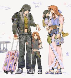  4girls aerith_gainsborough arm_around_leg armband backpack bag black_hair black_jacket black_pantyhose black_shirt blue_ribbon blue_sandals blue_shirt blue_shoes boots brown_hair brown_shoes child collared_dress dress dress_under_shirt family final_fantasy final_fantasy_vii full_body fur-trimmed_jacket fur_trim green_eyes grey_shoes hair_ribbon half_updo if_they_mated jacket jeremr long_dress midriff mother_and_daughter multiple_girls navel open_mouth original pantyhose parted_bangs pink_dress pink_ribbon puffy_short_sleeves puffy_sleeves red_eyes ribbon rolling_suitcase sandals shirt shoes short_sleeves shoulder_bag sidelocks sketch sleeveless sleeveless_turtleneck smile sneakers sticker suitcase tifa_lockhart turtleneck white_shirt yellow_boots yellow_shirt yuri 