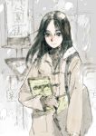 black_eyes black_hair book freckles humi jacket sketch snow solo sweater toi8 