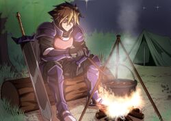  1boy absurdres armor black_gloves blonde_hair campfire cooking garchomp gloves grass highres ladle log male_focus night outdoors personification pokemon sitting sitting_on_log solo stew sword tent tree weapon yokomiya4538 