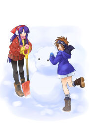  2girls black_pantyhose blue_bow blue_coat blue_eyes blue_hair blue_hairband blue_mittens blue_socks boots bow brown_boots brown_eyes brown_hair building_snowman closed_mouth coat commentary earmuffs from_above hairband hanten_(clothes) hood hood_down hooded_coat jacket japanese_clothes kageyama_shinobi leg_up long_hair looking_at_viewer looking_back mittens multiple_girls nakoruru open_mouth outdoors pantyhose pink_mittens pink_scarf plaid_clothes plaid_skirt planted planted_shovel pleated_skirt red_bow red_hairband red_jacket red_skirt rimururu samurai_spirits scarf short_hair shorts shovel siblings sisters skirt smile snow snow_shovel snowman socks standing sweater very_long_hair white_shorts winter winter_clothes winter_coat yellow_sweater 