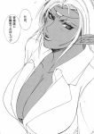  circlet cleavage dark_elf dark_skin elf from_above jewelry large_breasts lucretia monochrome pirotess pointy_ears record_of_lodoss_war sideboob source_request translated white_shirt 