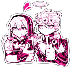  ... 2boys arm_around_shoulder boots braid bridal_gauntlets clothing_cutout crying earrings giorno_giovanna hair_between_eyes hair_ornament hand_on_another's_shoulder heart_cutout heart_ornament high_heel_boots high_heels highres hood hood_up hooded_overalls in-franchise_crossover jacket jewelry jodio_joestar jojo_no_kimyou_na_bouken ladybug_ornament long_bangs long_hair long_sleeves luen24755844 male_focus monochrome multiple_boys pectoral_cleavage pectorals pink_theme short_sleeves side_braid simple_background spoken_ellipsis star_(symbol) star_hair_ornament sweat the_jojolands thumbs_up vento_aureo victory_rolls white_background wing_ornament 