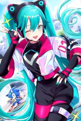 1boy 1girl aqua_eyes aqua_hair black_gloves crossover fingerless_gloves fingernails gloves hair_between_eyes hair_ornament hatsune_miku headscarf highres jacket long_hair official_alternate_costume official_alternate_hairstyle one_eye_closed open_mouth smile sonic_(series) sonic_racing:_crossworlds sonic_riders sonic_riders_(series) sonic_the_hedgehog sonic_the_hedgehog_(riders) twintails umirunie very_long_hair vocaloid white_jacket