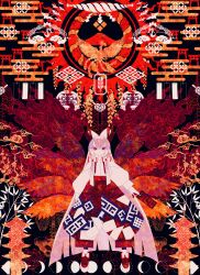  1girl absurdres bird boku_(isizakitakasi) bow bright_pupils crane_(animal) daruma_doll fire fujiwara_no_mokou grey_hair hair_bow highres long_hair moon_phases multiple_wings orange_theme pants phoenix plant print_pants puffy_pants red_eyes red_nails red_pants rope seigaiha shippou_(pattern) shirt shirt_tucked_in smoke solo torii touhou very_long_hair white_bow white_pupils white_shirt wide_shot wings 