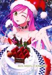  artist_request christmas collar cross food fruit green_eyes highres pink_hair rosario+vampire santa santa_costume strawberry tongue 
