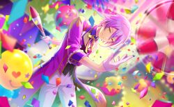  1boy blue_hair blurry blurry_background closed_mouth colorful_palette confetti depth_of_field game_cg gloves hair_between_eyes heart highres holding_juggling_club jacket kamishiro_rui male_focus multicolored_hair official_art open_clothes open_jacket pants project_sekai purple_hair purple_jacket smile solo sparkle star_(symbol) streaked_hair third-party_source two-tone_hair white_gloves white_pants yellow_eyes 