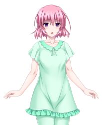  1girl amanogi_kaede blush collarbone cowboy_shot game_cg green_pants kyokkou_senki_mistletear looking_at_viewer midorigi_mura nightgown non-web_source official_art open_mouth pajamas pants pink_hair short_hair short_sleeves sleepwear solo standing transparent_background variant_set violet_eyes 