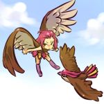  1girl bird brown_eyes costume hitec moemon personification pidgeotto pink_hair pokemon pokemon_(creature) pokemon_(game) pokemon_rgby red_hair redhead skirt sky thigh-highs thighhighs wings 