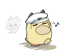  &gt;_&lt; 1girl =_= animal_ears arms_up borrowed_accessory cheval_grand_(umamusume) closed_eyes crossover eighth_note fake_animal_ears flying_sweatdrops hat highres horse_ears kawamochi_(tddm3573) musical_note open_mouth peaked_cap pokemon pokemon_(creature) psyduck romaji_text translation_request umamusume walking wavy_mouth white_background white_hat 