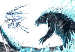  battle blue_eyes claws crossover glowing glowing_eyes godzilla_(series) highres hydrokinesis kyogre monster monsterverse no_humans partially_submerged pokemon pokemon_(creature) primal_kyogre sharp_teeth spines tail teeth trait_connection water whale yourfreakyneighbourh 