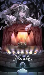  1girl 2boys black_hair black_shirt canopy_(shelter) coat english_text evie_(baoxiao) fairy_lights flying_paper gears giant giantess han_sooyoung hands_on_own_head highres impaled kim_dokja messy_hair mini_person miniboy multiple_boys omniscient_reader&#039;s_viewpoint open_clothes open_coat paper popped_collar scratching_head seiza shirt short_hair sitting spotlight stage_lights tent too_many_weapons white_coat yoo_joonghyuk 