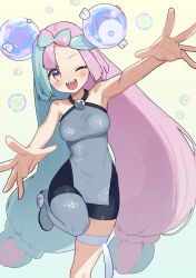  1girl absurdres bare_arms blue_hair bow-shaped_hair breasts character_hair_ornament criss-cross_halter fake_hair_bun furukawa_raku grey_pantyhose hair_ornament halter_shirt halterneck hexagon_print highres iono_(pokemon) leg_up long_hair low-tied_long_hair medium_breasts multicolored_hair no_jacket one_eye_closed open_mouth pantyhose pantyhose_under_shorts pink_hair pokemon pokemon_sv sharp_teeth shorts single_leg_pantyhose smile solo split-color_hair teeth twintails x_(symbol) 