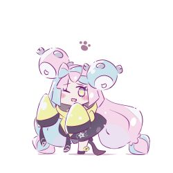  1girl ;d blue_hair blush bow-shaped_hair character_hair_ornament chibi chibi_only fang foznya hair_ornament highres iono_(pokemon) jacket leg_up long_hair long_sleeves looking_at_viewer multicolored_hair one_eye_closed open_mouth paw_print pink_eyes pink_hair pokemon pokemon_sv skin_fang sleeves_past_fingers sleeves_past_wrists smile solo standing standing_on_one_leg star-shaped_pupils star_(symbol) symbol-shaped_pupils twintails two-tone_hair very_long_hair white_background wide_sleeves yellow_jacket 