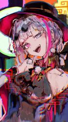  1girl abstract_background black_hat blue_eyes commentary earrings eeriesen3 english_commentary eyewear_on_head fang girls&#039;_frontline_neural_cloud girls_frontline grey_hair hat heterochromia highres jewelry kuro_(extravagant_divination)_(neural_cloud) kuro_(neural_cloud) mdr_(girls&#039;_frontline) multicolored_hair official_alternate_costume open_mouth pink_eyes pom_pom_(clothes) pom_pom_earrings purple_hair round_eyewear smile solo streaked_hair sunglasses teeth tongue two-tone_hair upper_body upper_teeth_only 