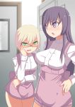  anna_miller blonde_hair breast_envy glasses green_eyes johnny_funamushi locker_room multiple_girls original purple_eyes purple_hair staring_at_breasts violet_eyes waitress 