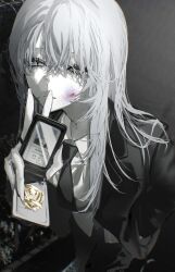  1girl badge black_necktie black_pants black_suit bruise bruise_on_face collared_shirt duzhong_(naaan_2) eyelashes grey_hair half-closed_eyes hand_in_pocket highres id_card injury jacket lapels long_hair looking_at_viewer necktie open_clothes open_jacket original pale_skin pants police police_badge police_uniform policewoman shirt solo suit suit_jacket v white_shirt 