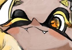  1girl blonde_hair close-up colored_eyelashes cross-shaped_pupils dark-skinned_female dark_skin fangs fangs_out frye_(splatoon) inkling lelerage long_eyelashes one_eye_closed short_eyebrows smile splatoon_(series) splatoon_3 symbol-shaped_pupils tentacle_hair unfinished yellow_eyes 
