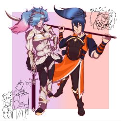  2girls armor armored_boots blue_hair boots breastplate brown_eyes calitheheart fire_emblem fire_emblem_fates hair_over_one_eye highres holding holding_polearm holding_weapon japanese_clothes kimono multicolored_hair multiple_girls naginata oboro_(fire_emblem) pauldrons peri_(fire_emblem) pink_hair polearm ponytail red_eyes shoulder_armor single_pauldron sword twintails two-tone_background weapon 