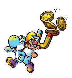 2boys absurdres baby_wario blue_skin boots brown_hair clenched_hands coin colored_skin diaper dragon_coin_(mario) grin hat highres light_blue_yoshi looking_at_viewer magnet multiple_boys nakagawa_yasuhisa official_art open_mouth purple_boots short_hair simple_background smile super_mario_bros. third-party_source wario white_background yellow_hat yoshi yoshi's_island_ds